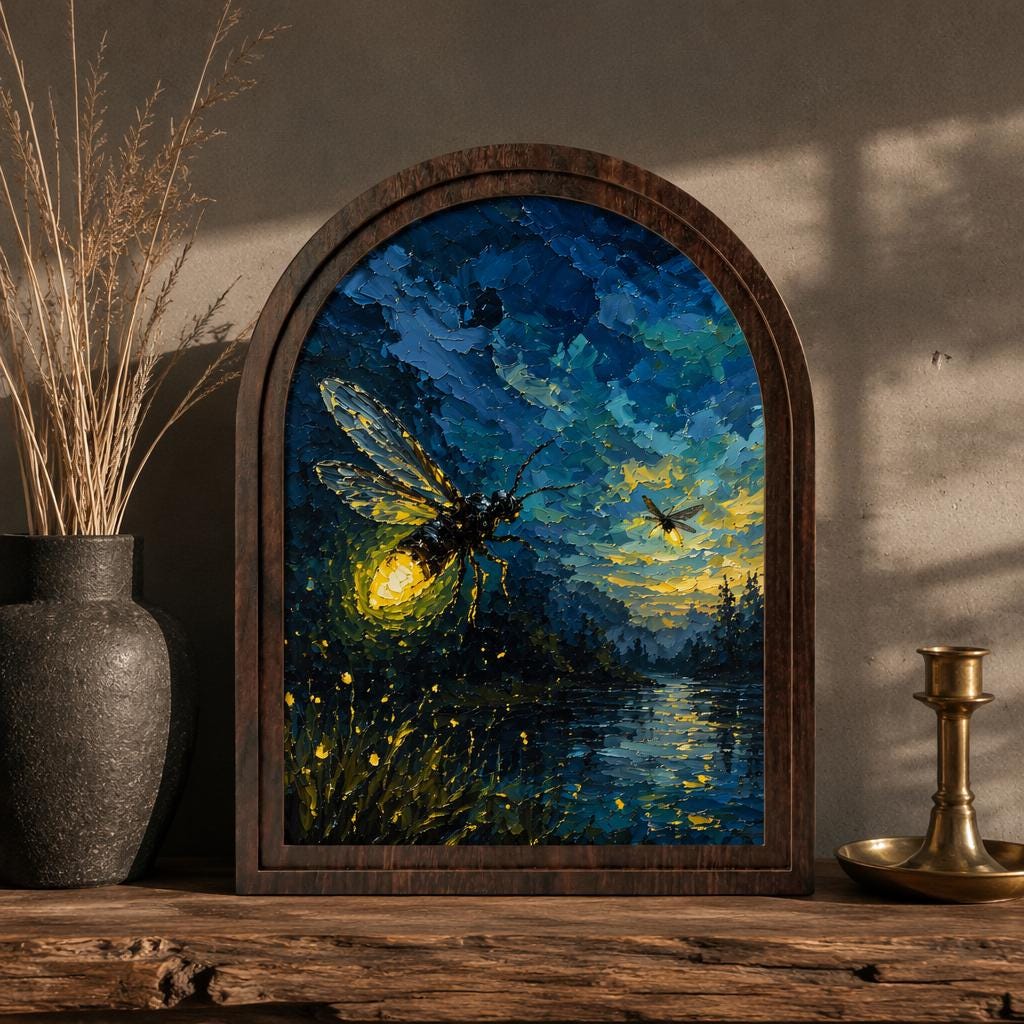Glowing Firefly Wall Art in Arched Wood Frame, Enchanted Night Landscape Artwork, Cabin Decor, Nature Wall Decor, Gift for Nature Lovers - Image 1