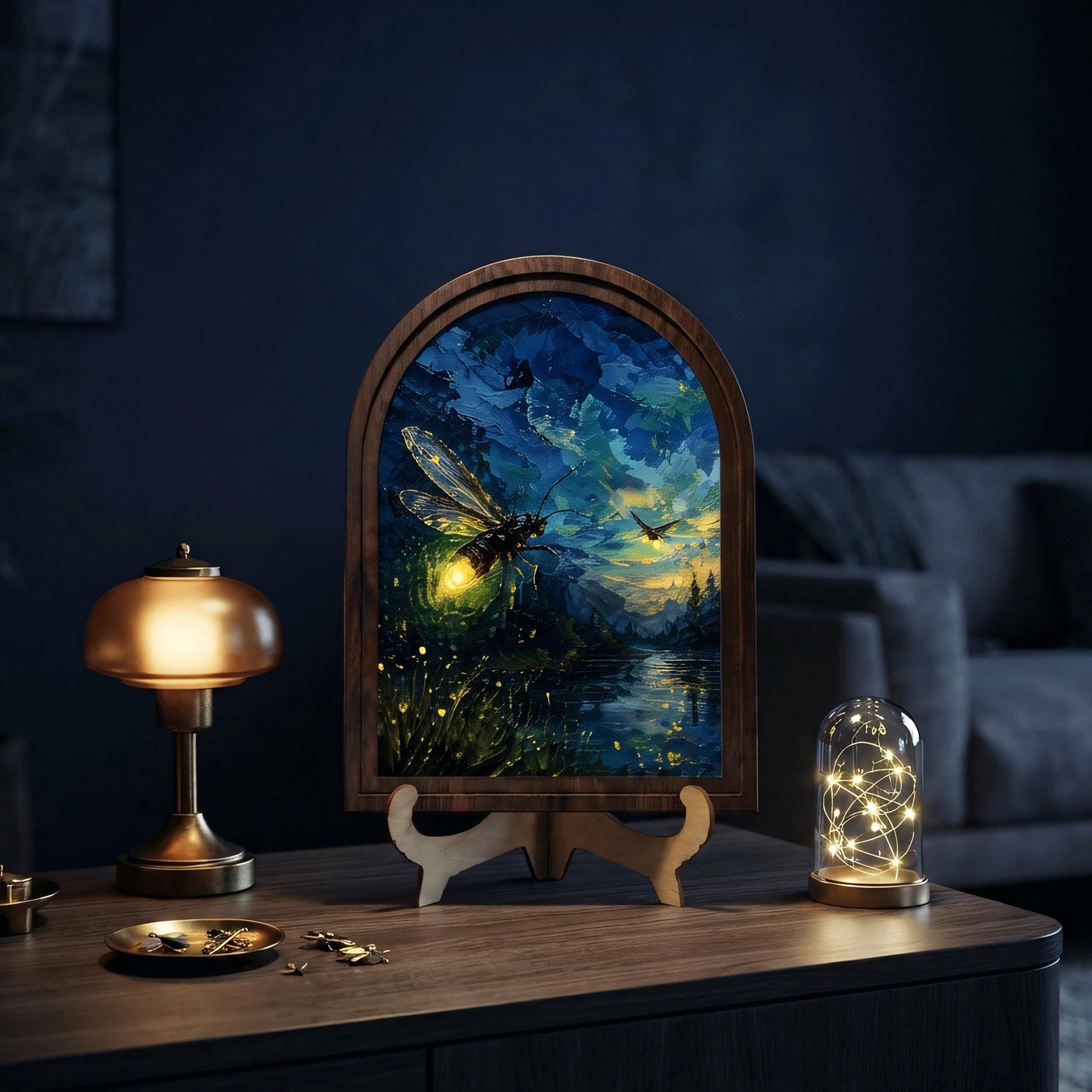 Glowing Firefly Wall Art in Arched Wood Frame, Enchanted Night Landscape Artwork, Cabin Decor, Nature Wall Decor, Gift for Nature Lovers - Image 7