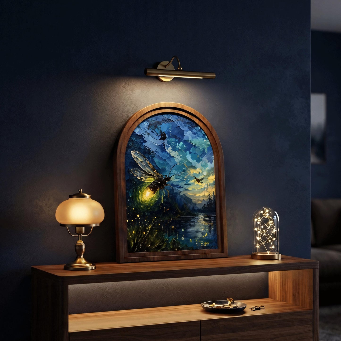 Glowing Firefly Wall Art in Arched Wood Frame, Enchanted Night Landscape Artwork, Cabin Decor, Nature Wall Decor, Gift for Nature Lovers - Image 4