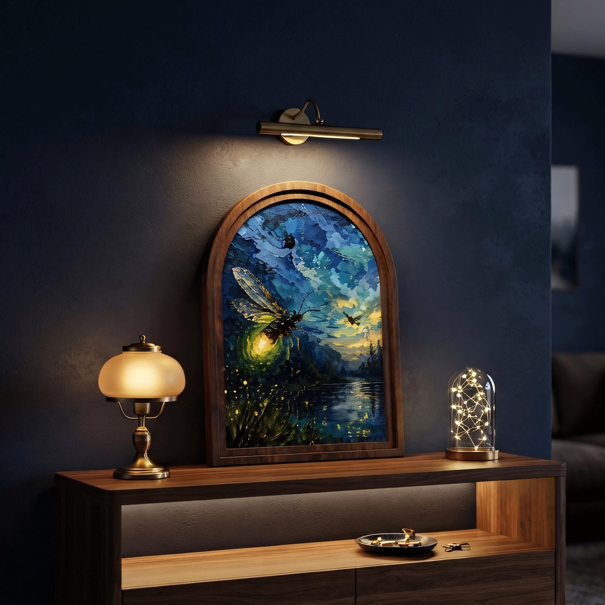 Glowing Firefly Wall Art in Arched Wood Frame, Enchanted Night Landscape Artwork, Cabin Decor, Nature Wall Decor, Gift for Nature Lovers - Image 4