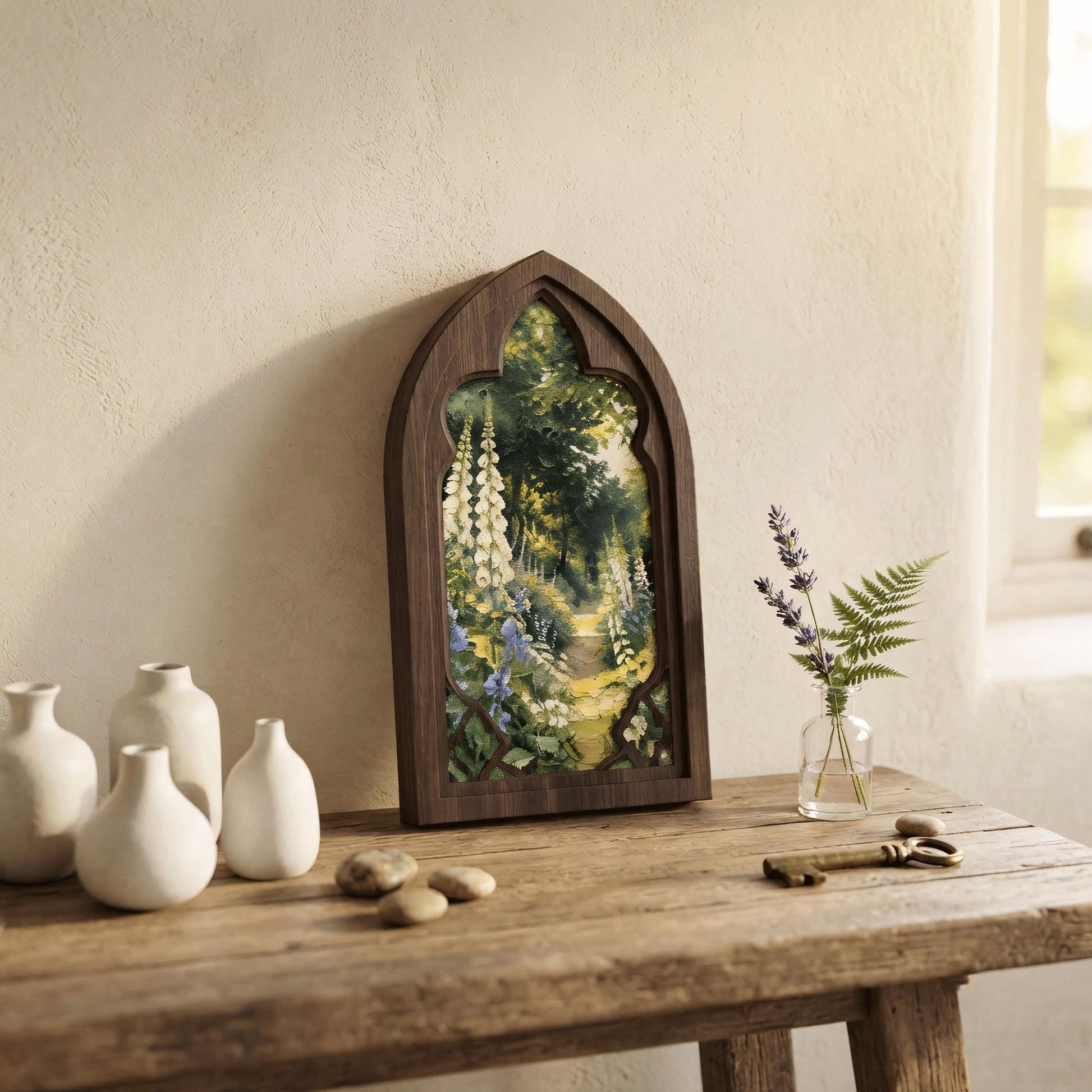 Cottage Garden Wall Art, Arched Wooden Frame, Foxglove Flower Landscape, Vintage Botanical Decor, Rustic Home Art, Nature Gift - Image 6