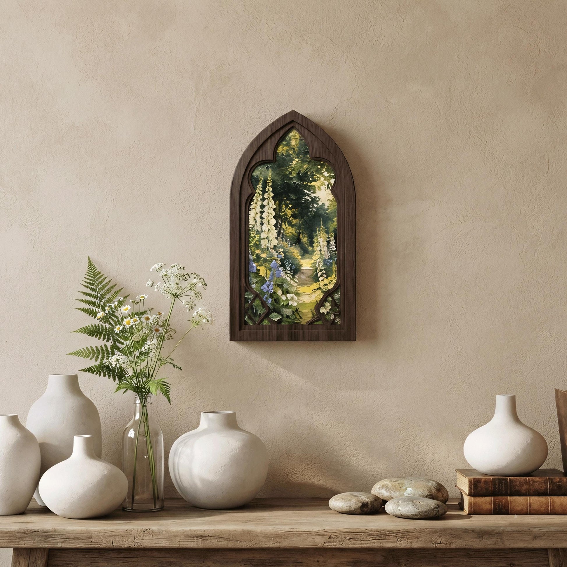 Cottage Garden Wall Art, Arched Wooden Frame, Foxglove Flower Landscape, Vintage Botanical Decor, Rustic Home Art, Nature Gift - Image 5