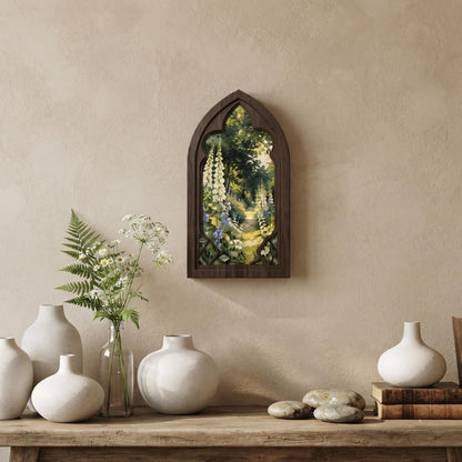 Cottage Garden Wall Art, Arched Wooden Frame, Foxglove Flower Landscape, Vintage Botanical Decor, Rustic Home Art, Nature Gift - Image 5