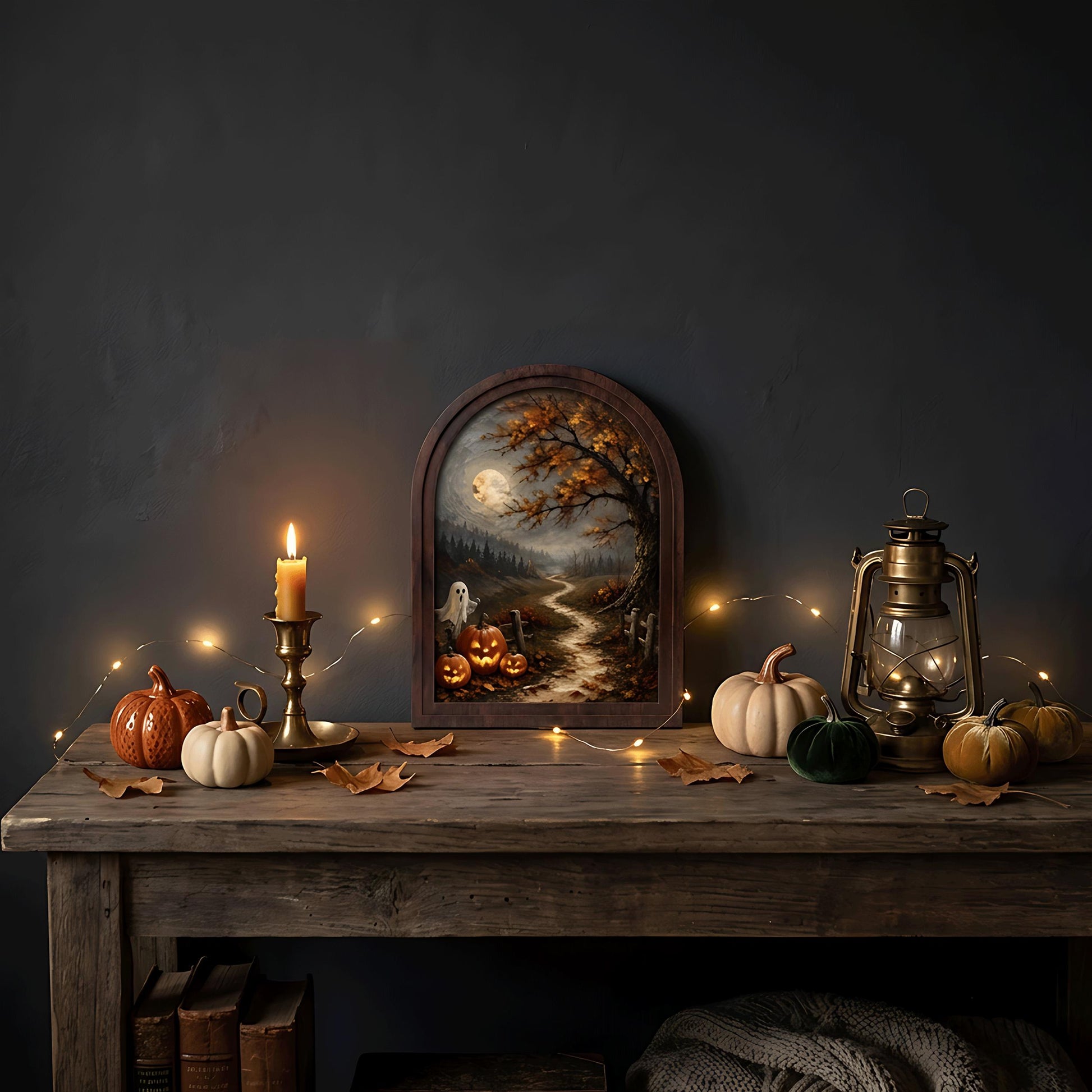 Halloween Moonlit Wall Art, Arched Wood Frame Canvas, Vintage Pumpkin & Ghost Landscape, Spooky Farmhouse Decor, Gothic Fall Wall Art - Image 5