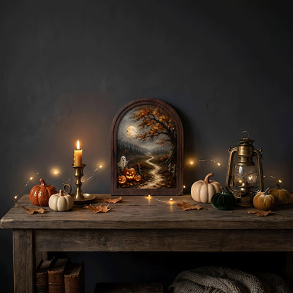 Halloween Moonlit Wall Art, Arched Wood Frame Canvas, Vintage Pumpkin & Ghost Landscape, Spooky Farmhouse Decor, Gothic Fall Wall Art - Image 5