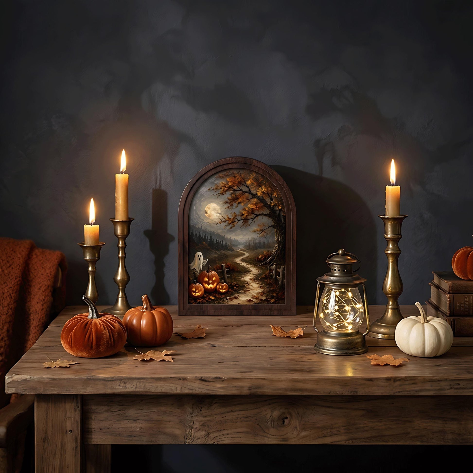 Halloween Moonlit Wall Art, Arched Wood Frame Canvas, Vintage Pumpkin & Ghost Landscape, Spooky Farmhouse Decor, Gothic Fall Wall Art - Image 7
