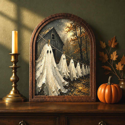 Ghost Laundry Wall Art, Arched Wood Frame Canvas, Vintage Haunted Farmhouse Decor, Rustic Halloween Wall Art, Spooky Cottage Home Decor - Image 1