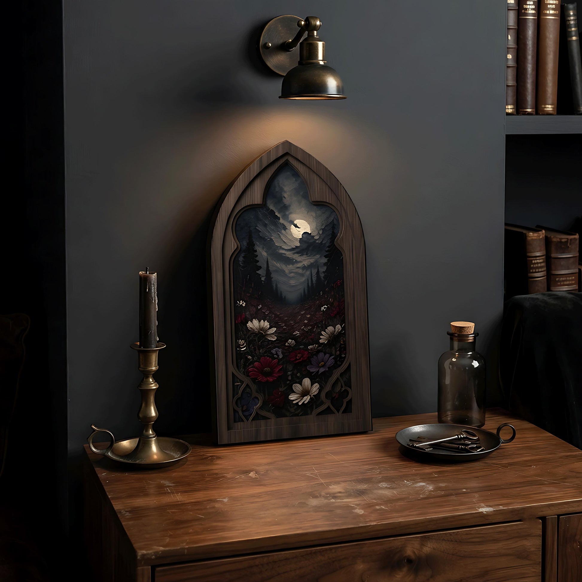 Moonlit Wildflower Wall Art, Gothic Window Wood Frame Canvas, Dark Botanical Landscape Print, Moody Cottagecore Decor, Gothic Home Wall Art - Image 4