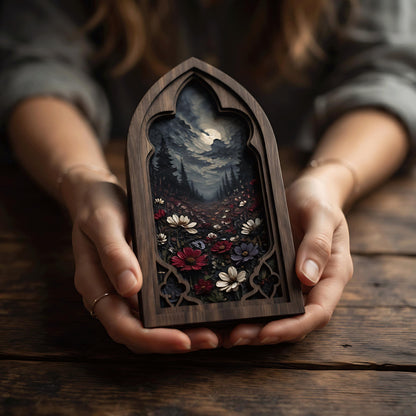 Moonlit Wildflower Wall Art, Gothic Window Wood Frame Canvas, Dark Botanical Landscape Print, Moody Cottagecore Decor, Gothic Home Wall Art - Image 5