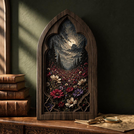 Moonlit Wildflower Wall Art, Gothic Window Wood Frame Canvas, Dark Botanical Landscape Print, Moody Cottagecore Decor, Gothic Home Wall Art - Image 2