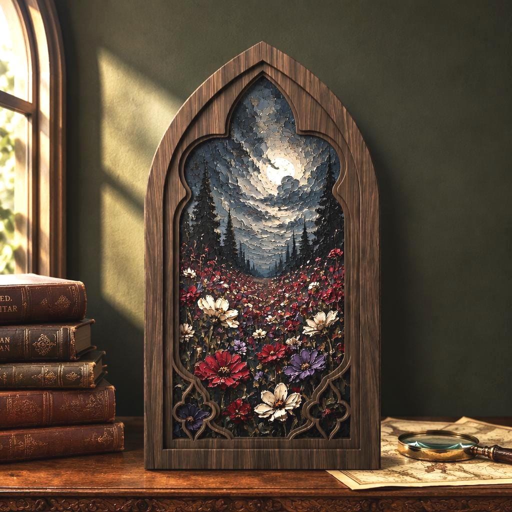 Moonlit Wildflower Wall Art, Gothic Window Wood Frame Canvas, Dark Botanical Landscape Print, Moody Cottagecore Decor, Gothic Home Wall Art - Image 1