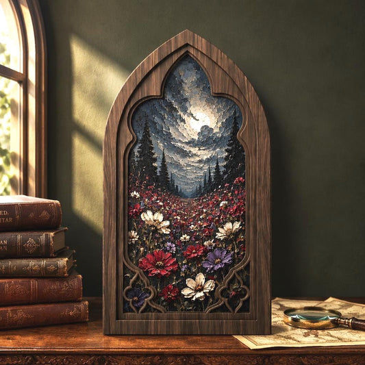 Moonlit Wildflower Wall Art, Gothic Window Wood Frame Canvas, Dark Botanical Landscape Print, Moody Cottagecore Decor, Gothic Home Wall Art - Image 1