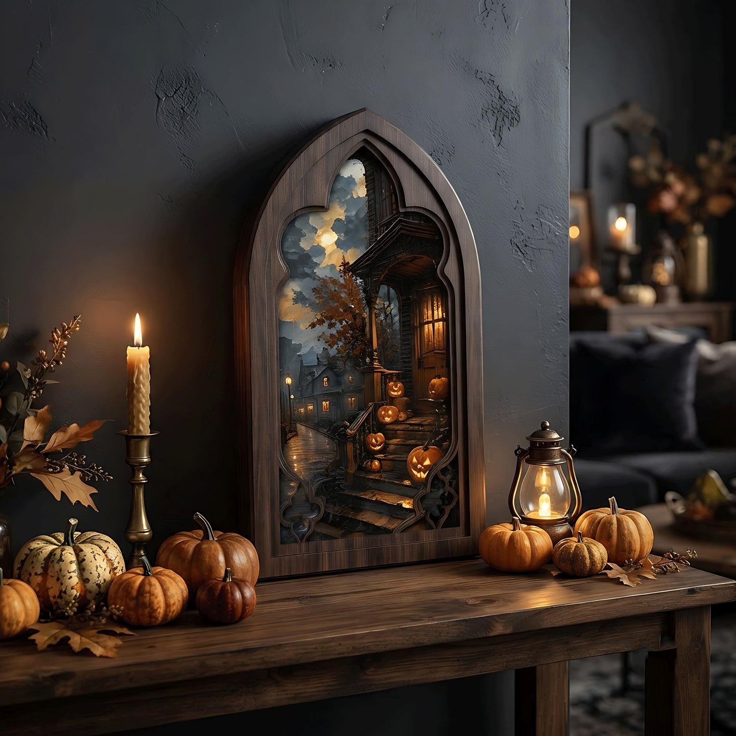 Halloween Ghost Window Wall Art, Arched Wood Framed Canvas, Haunted Pumpkin Porch Print, Vintage Spooky Home Decor, Moody Fall Wall Art - Image 6