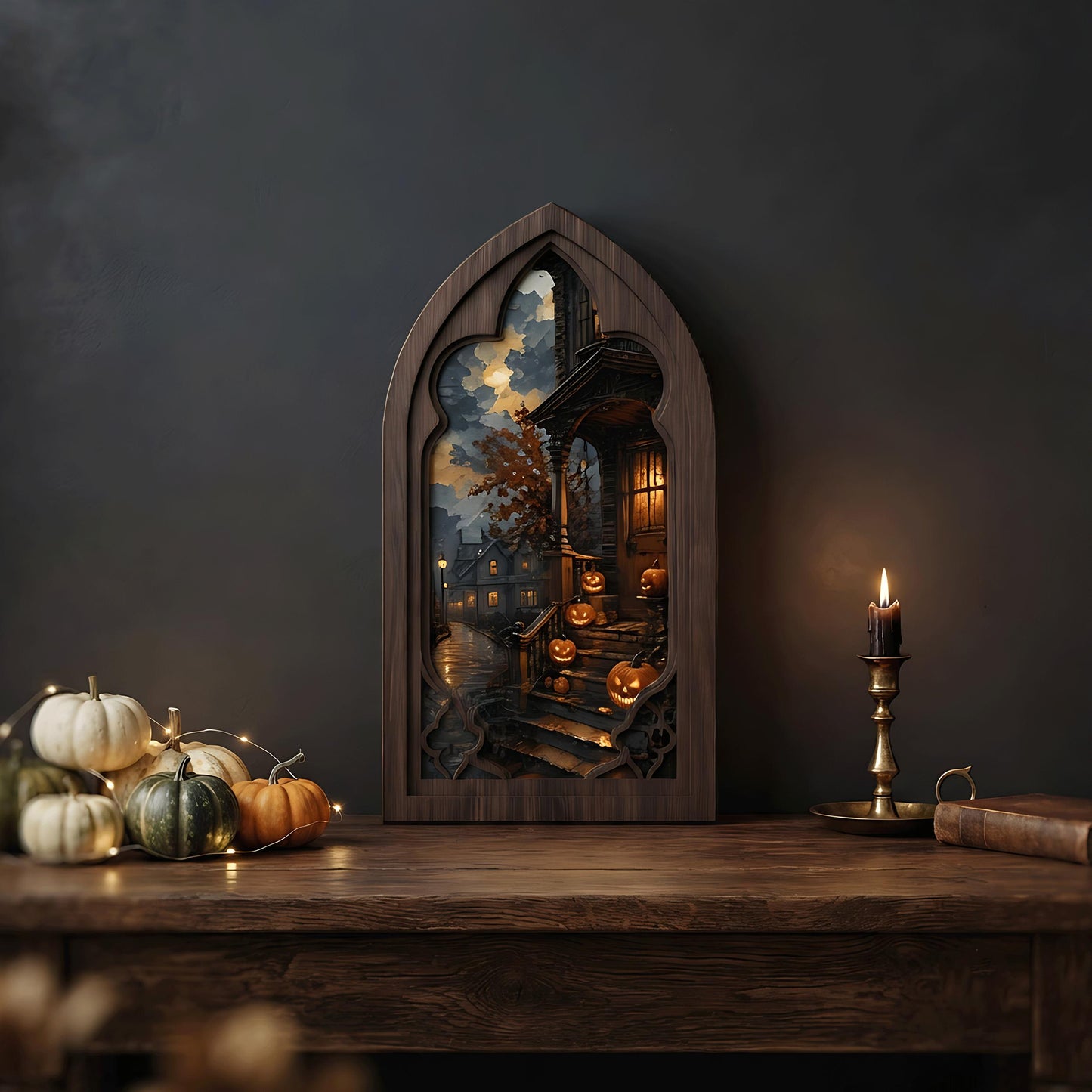 Halloween Ghost Window Wall Art, Arched Wood Framed Canvas, Haunted Pumpkin Porch Print, Vintage Spooky Home Decor, Moody Fall Wall Art - Image 2