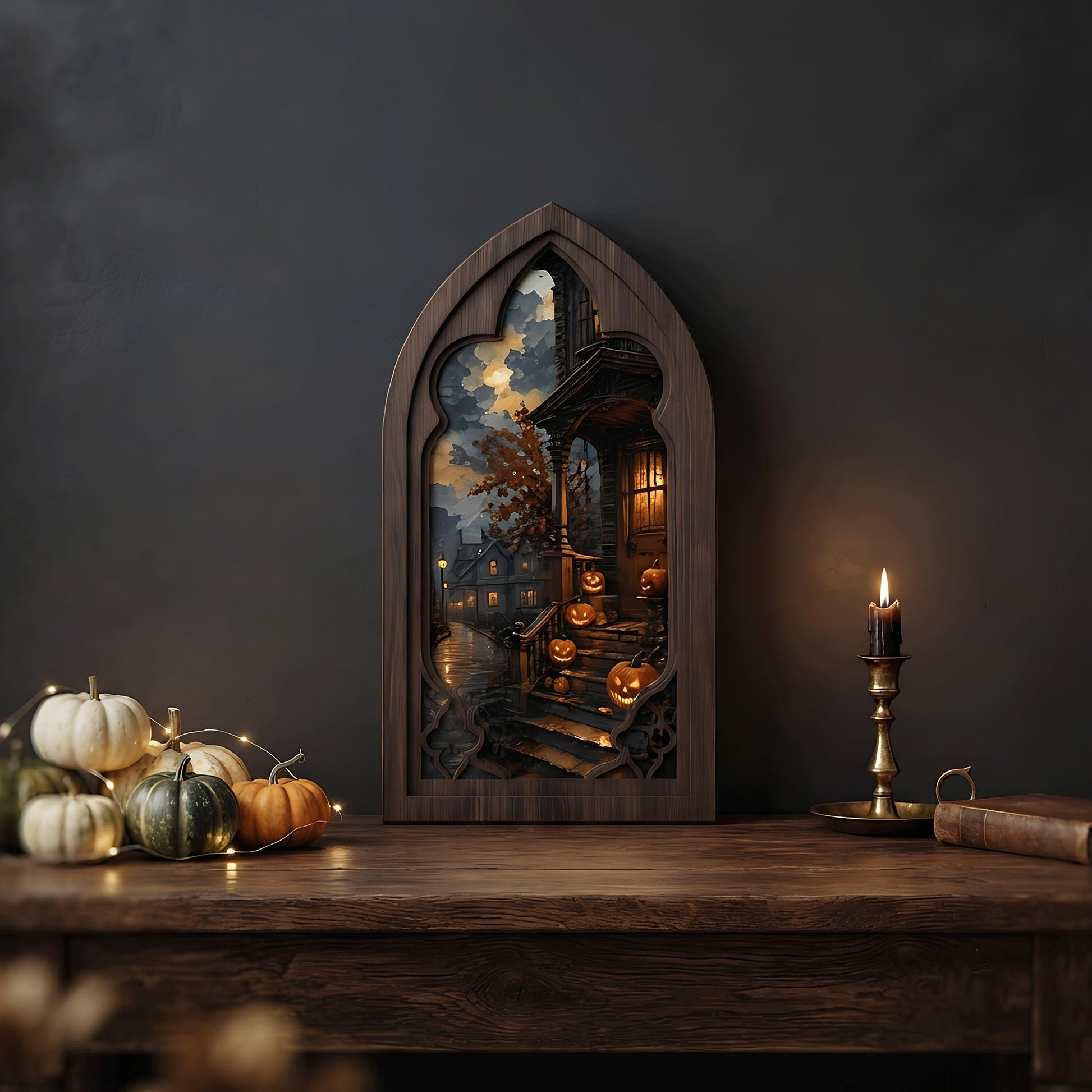 Halloween Ghost Window Wall Art, Arched Wood Framed Canvas, Haunted Pumpkin Porch Print, Vintage Spooky Home Decor, Moody Fall Wall Art - Image 2