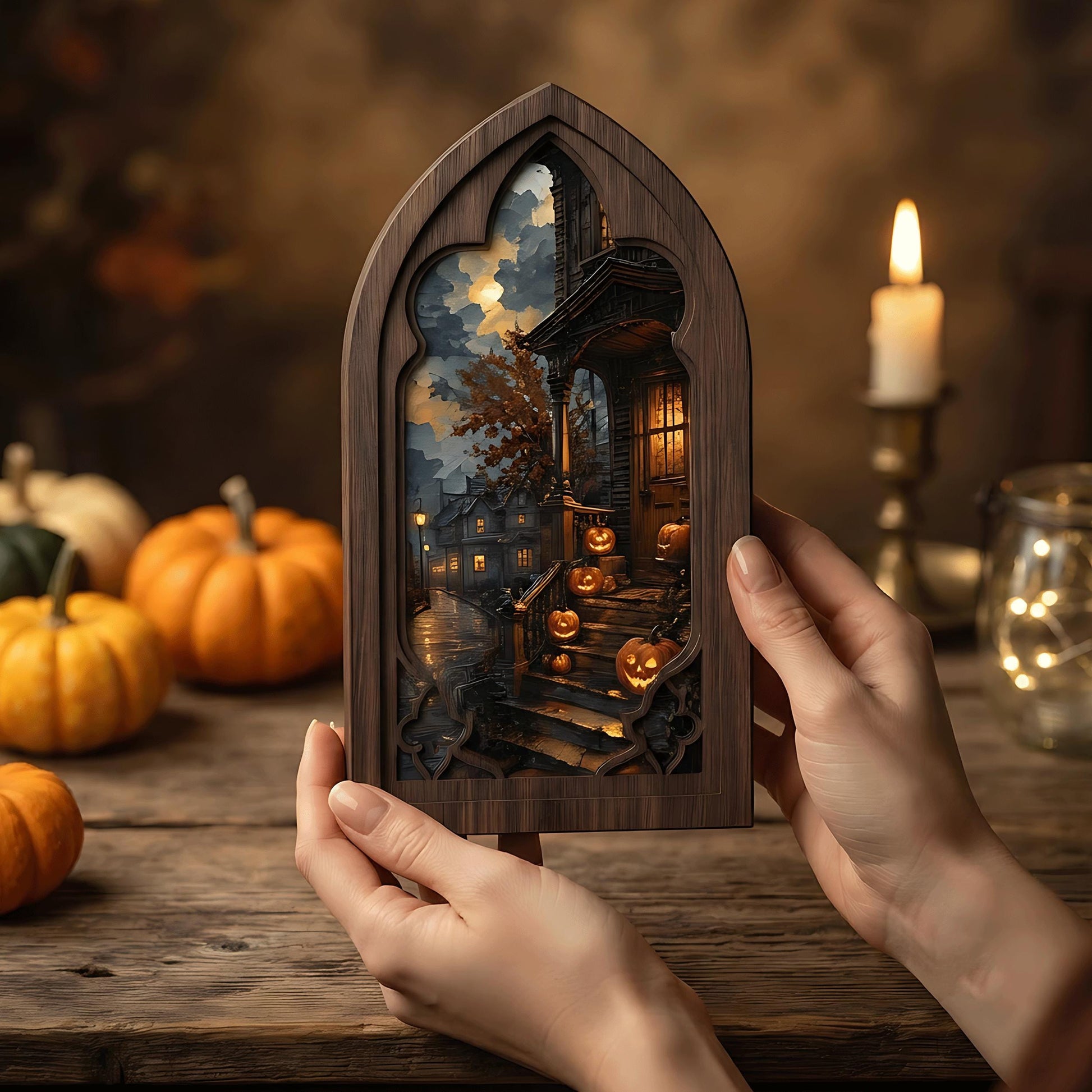 Halloween Ghost Window Wall Art, Arched Wood Framed Canvas, Haunted Pumpkin Porch Print, Vintage Spooky Home Decor, Moody Fall Wall Art - Image 4