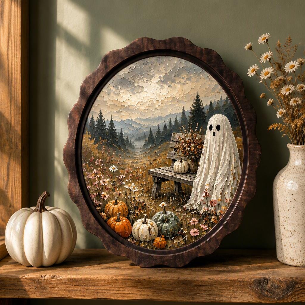 Ghost Pumpkin Wall Art, Wavy Oval Wood Frame Canvas, Cozy Halloween Landscape Print, Vintage Fall Decor, Cottagecore Spooky Wall Art - Image 1
