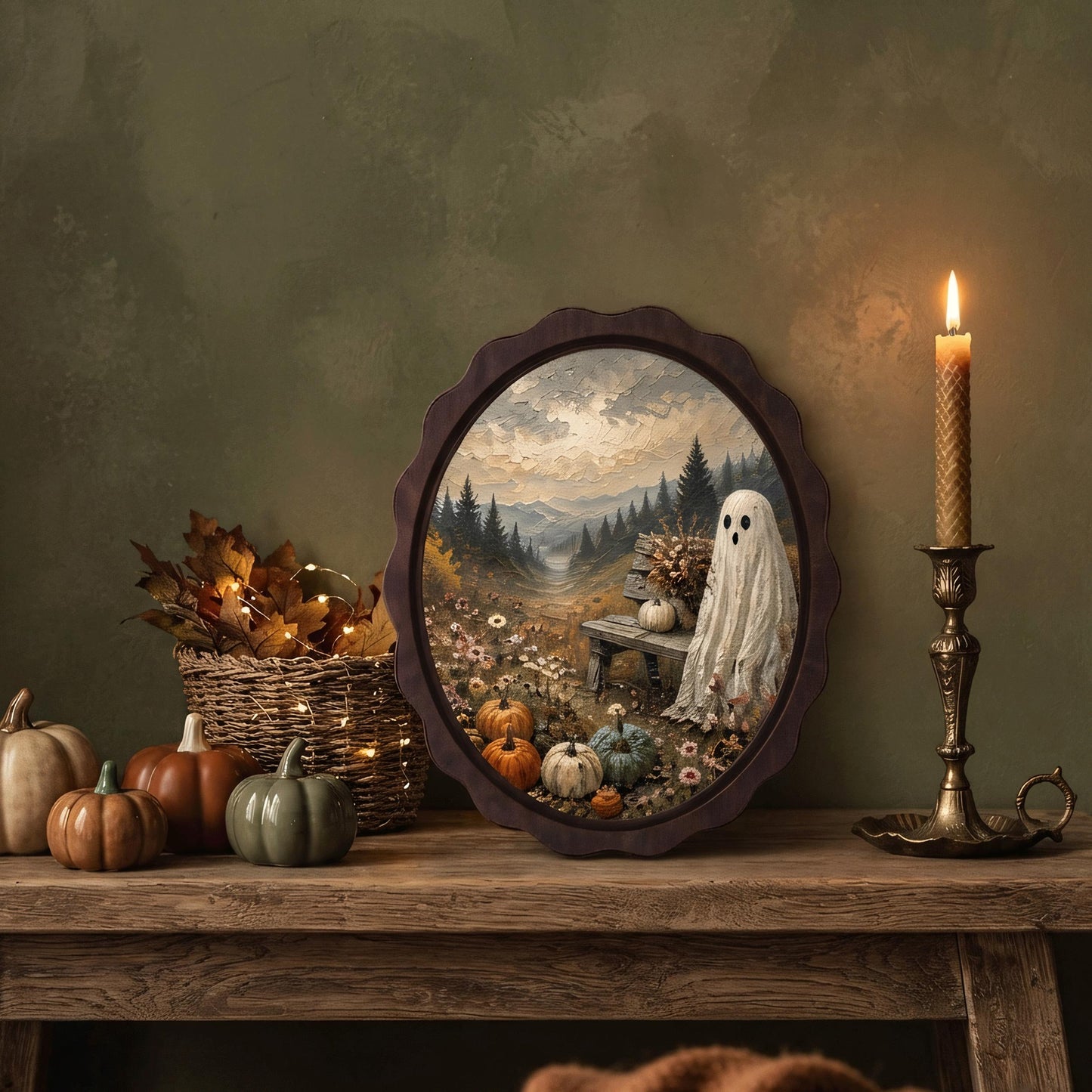 Ghost Pumpkin Wall Art, Wavy Oval Wood Frame Canvas, Cozy Halloween Landscape Print, Vintage Fall Decor, Cottagecore Spooky Wall Art - Image 4