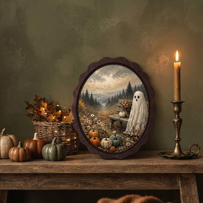 Ghost Pumpkin Wall Art, Wavy Oval Wood Frame Canvas, Cozy Halloween Landscape Print, Vintage Fall Decor, Cottagecore Spooky Wall Art - Image 4
