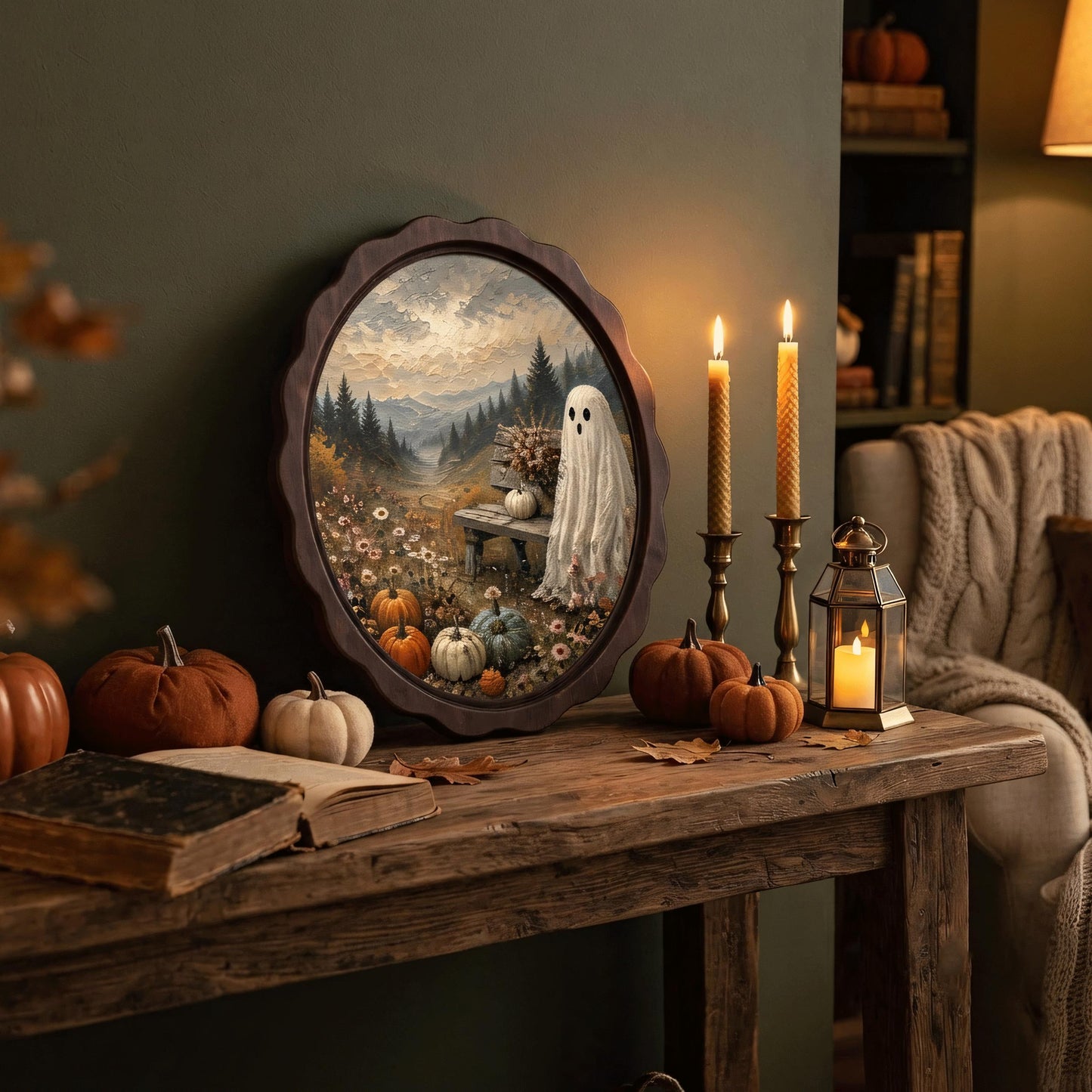 Ghost Pumpkin Wall Art, Wavy Oval Wood Frame Canvas, Cozy Halloween Landscape Print, Vintage Fall Decor, Cottagecore Spooky Wall Art - Image 6