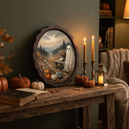 Ghost Pumpkin Wall Art, Wavy Oval Wood Frame Canvas, Cozy Halloween Landscape Print, Vintage Fall Decor, Cottagecore Spooky Wall Art - Image 6