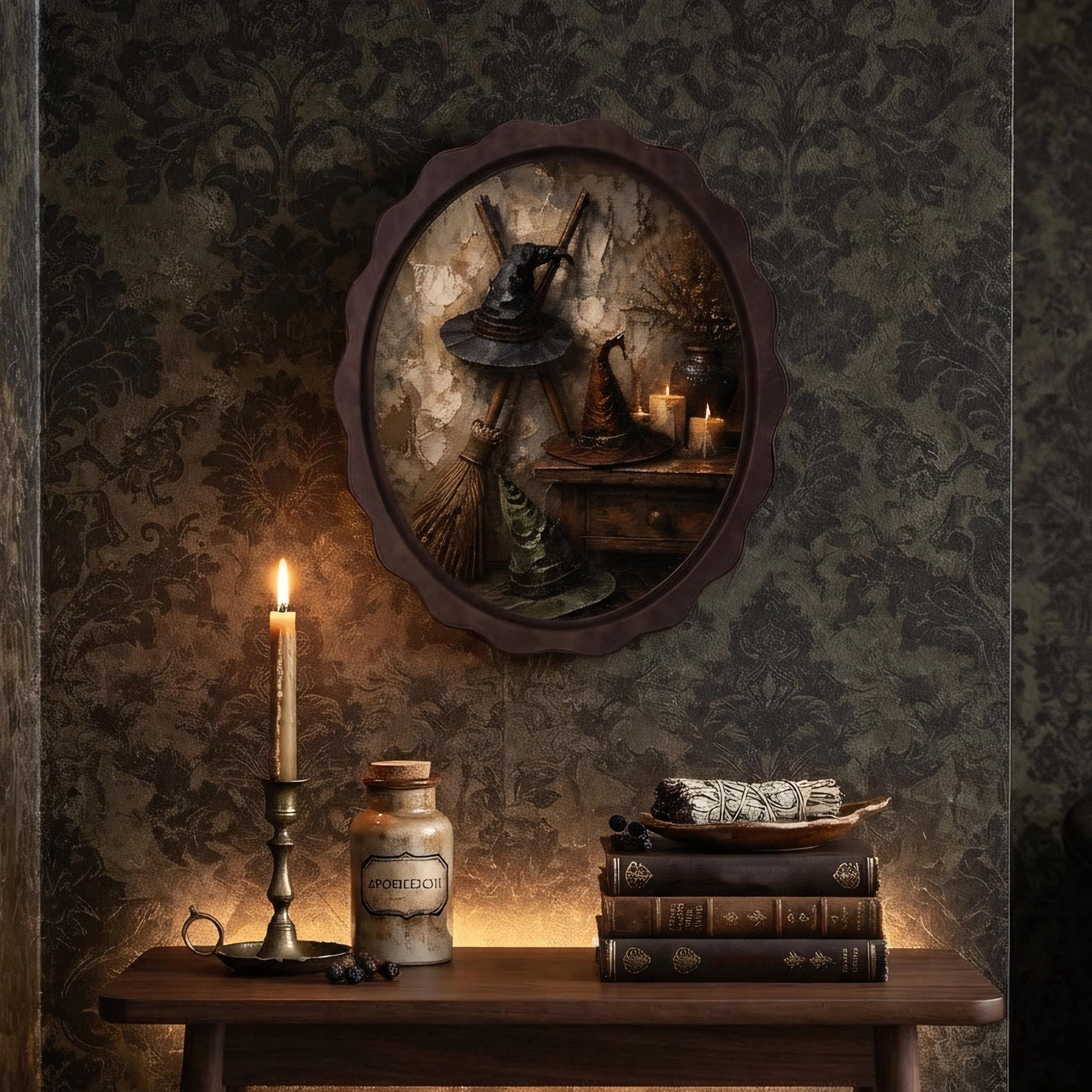 Witch Hat Wall Art, Wavy Oval Wood Framed Canvas, Vintage Halloween Still Life, Cozy Witch Cottage Decor, Spooky Fall Wall Art - Image 5