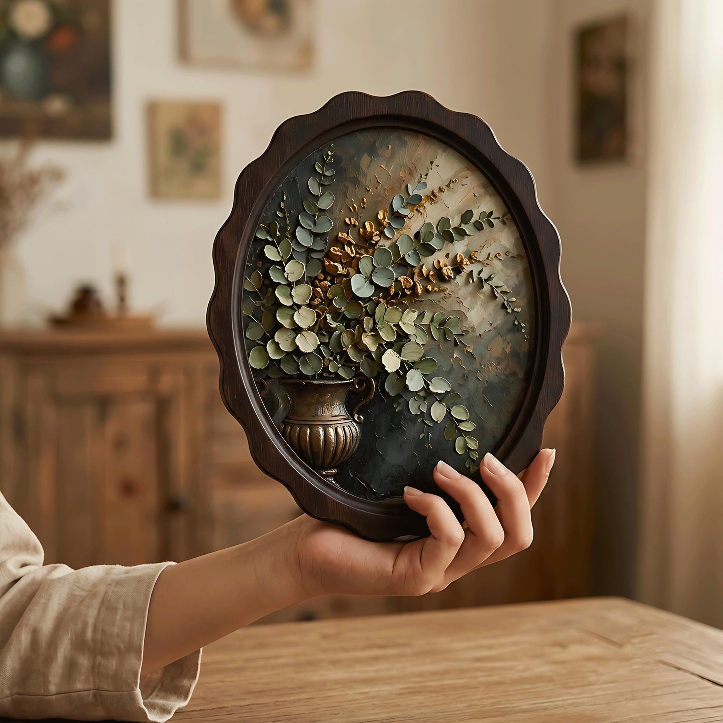 Botanical Vase Wall Art, Wavy Oval Wood Frame Canvas, Vintage Floral Still Life Print, Rustic Farmhouse Decor, Elegant Botanical Wall Art - Image 3
