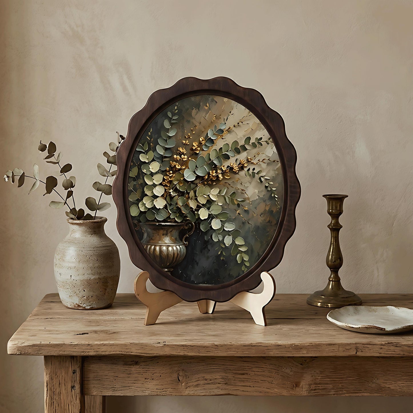 Botanical Vase Wall Art, Wavy Oval Wood Frame Canvas, Vintage Floral Still Life Print, Rustic Farmhouse Decor, Elegant Botanical Wall Art - Image 4