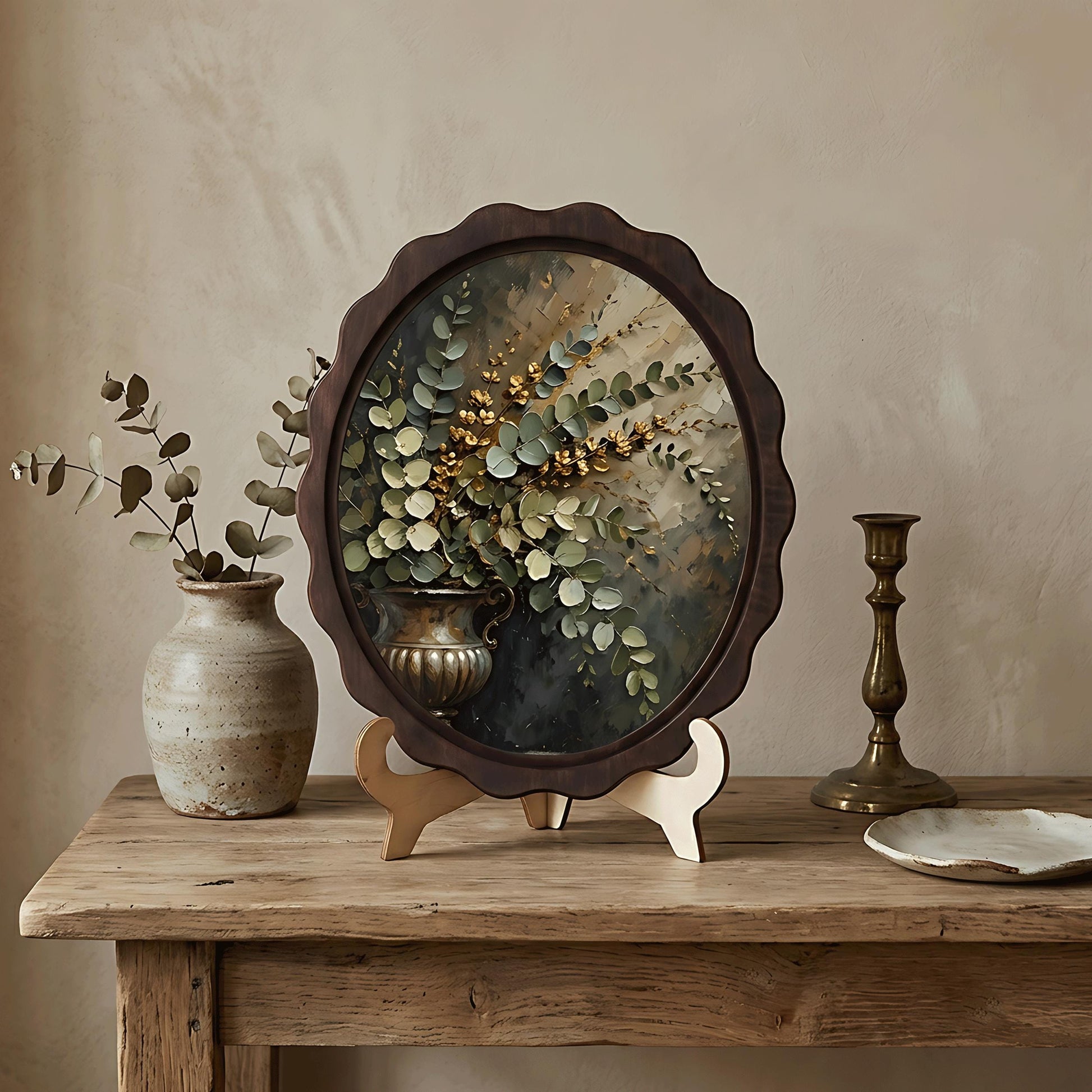 Botanical Vase Wall Art, Wavy Oval Wood Frame Canvas, Vintage Floral Still Life Print, Rustic Farmhouse Decor, Elegant Botanical Wall Art - Image 4