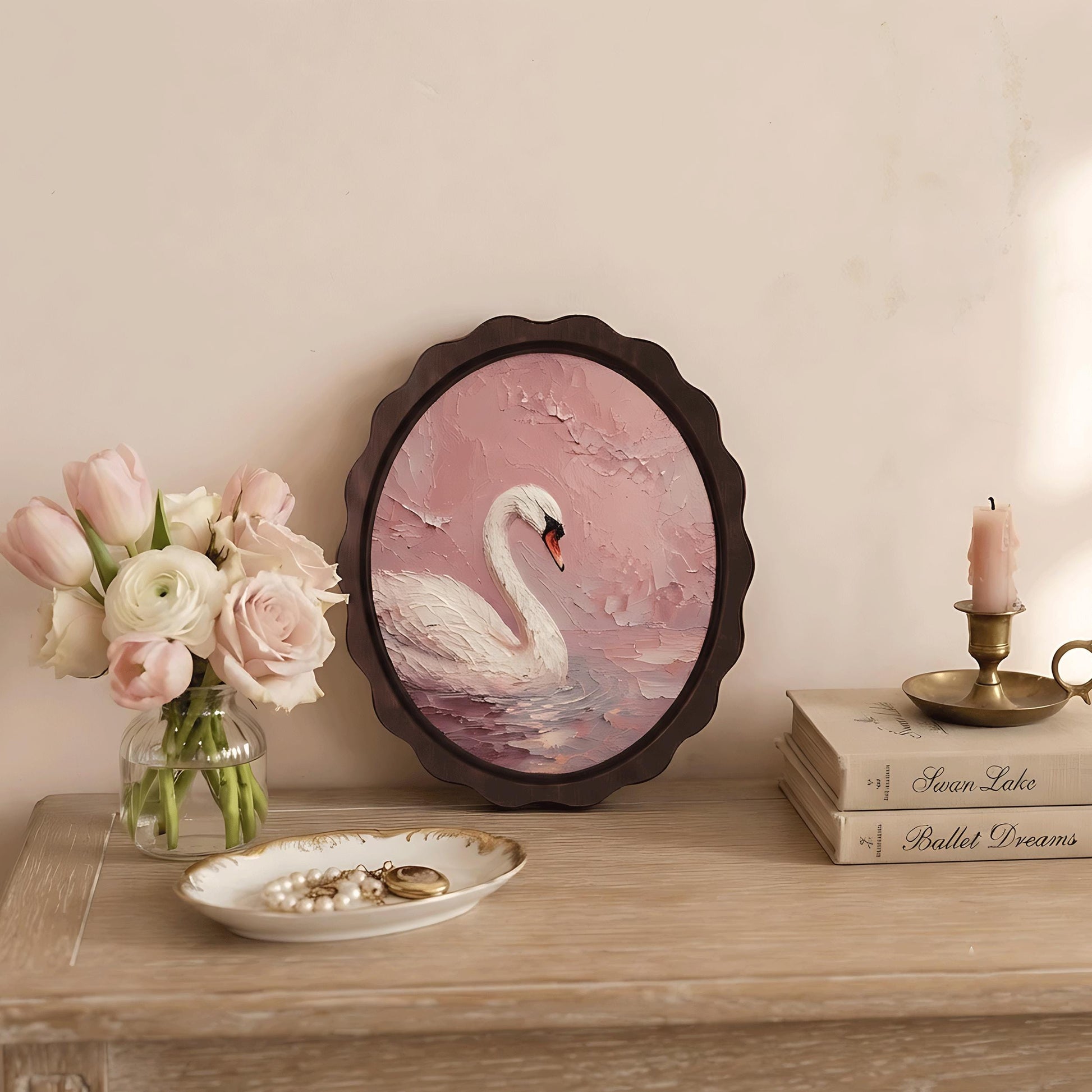 Elegant Swan Wall Art, Wavy Oval Wood Frame Canvas, Vintage Blush Pink Bird Print, Cottagecore Home Decor, Serene Nature Wall Hanging - Image 5