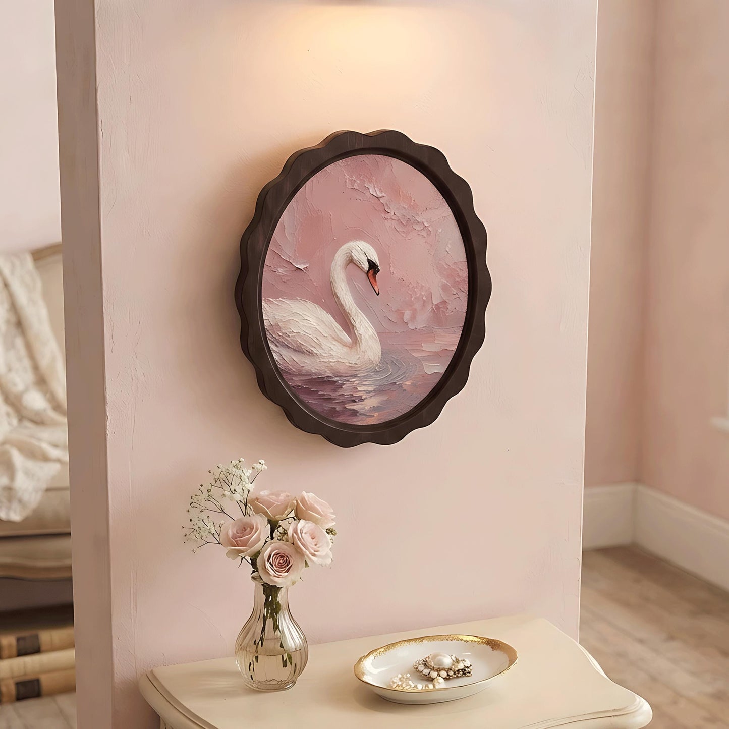 Elegant Swan Wall Art, Wavy Oval Wood Frame Canvas, Vintage Blush Pink Bird Print, Cottagecore Home Decor, Serene Nature Wall Hanging - Image 4