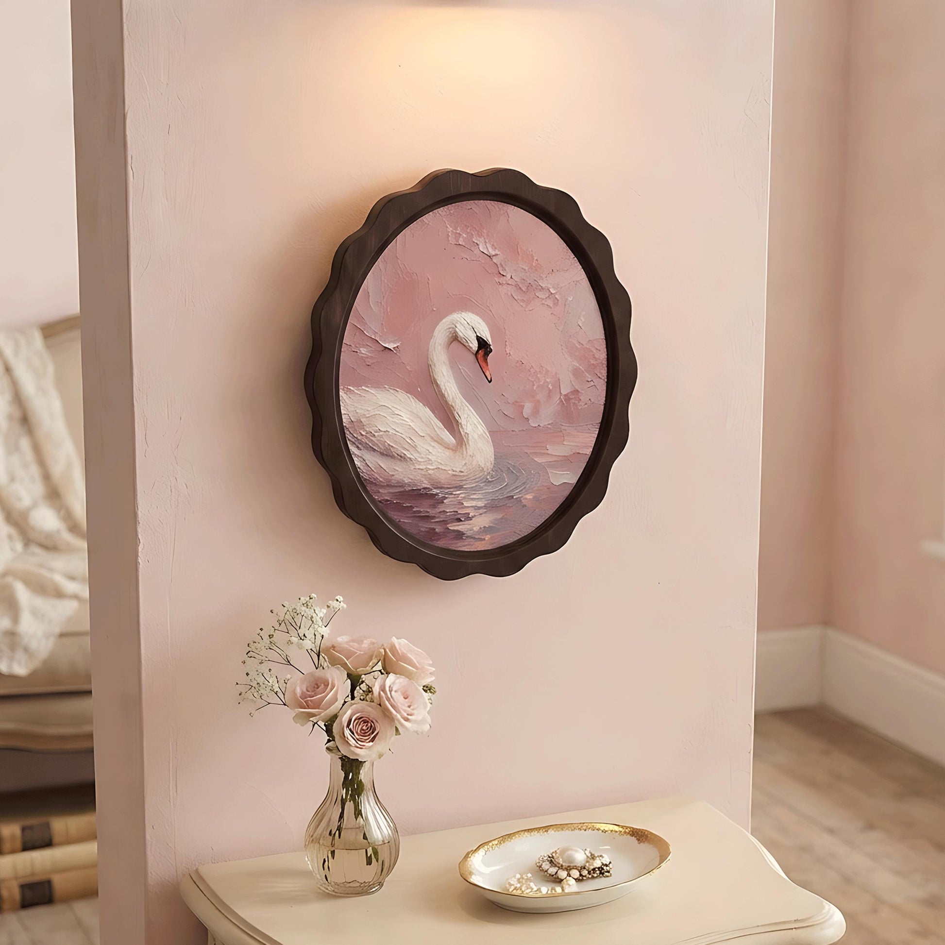 Elegant Swan Wall Art, Wavy Oval Wood Frame Canvas, Vintage Blush Pink Bird Print, Cottagecore Home Decor, Serene Nature Wall Hanging - Image 4