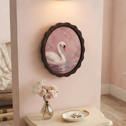 Elegant Swan Wall Art, Wavy Oval Wood Frame Canvas, Vintage Blush Pink Bird Print, Cottagecore Home Decor, Serene Nature Wall Hanging - Image 4
