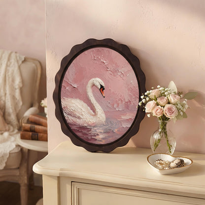 Elegant Swan Wall Art, Wavy Oval Wood Frame Canvas, Vintage Blush Pink Bird Print, Cottagecore Home Decor, Serene Nature Wall Hanging - Image 3