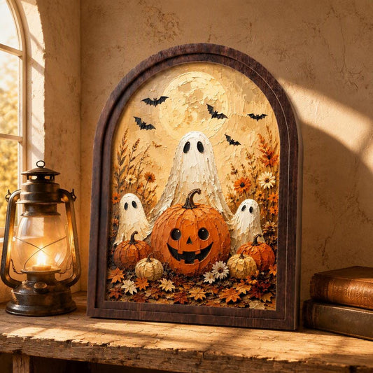 Cute Ghost Halloween Wall Art, Arched Wooden Frame Canvas, Pumpkin Patch Painting, Cozy Fall Farmhouse Decor, Vintage Seasonal Artwork - Image 2