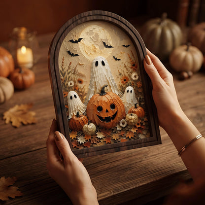 Cute Ghost Halloween Wall Art, Arched Wooden Frame Canvas, Pumpkin Patch Painting, Cozy Fall Farmhouse Decor, Vintage Seasonal Artwork - Image 6