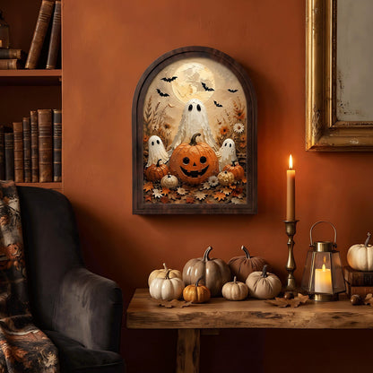 Cute Ghost Halloween Wall Art, Arched Wooden Frame Canvas, Pumpkin Patch Painting, Cozy Fall Farmhouse Decor, Vintage Seasonal Artwork - Image 4