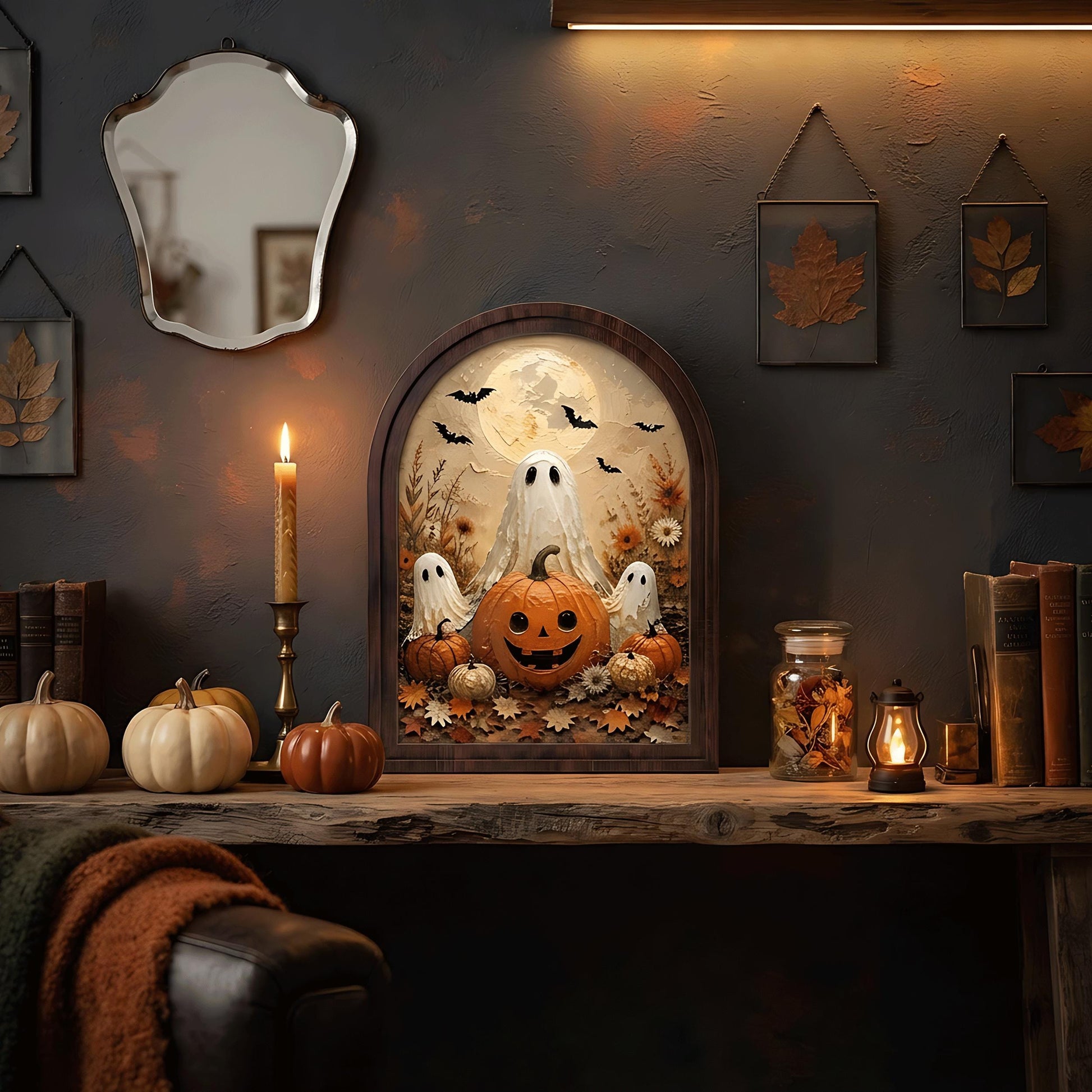 Cute Ghost Halloween Wall Art, Arched Wooden Frame Canvas, Pumpkin Patch Painting, Cozy Fall Farmhouse Decor, Vintage Seasonal Artwork - Image 3