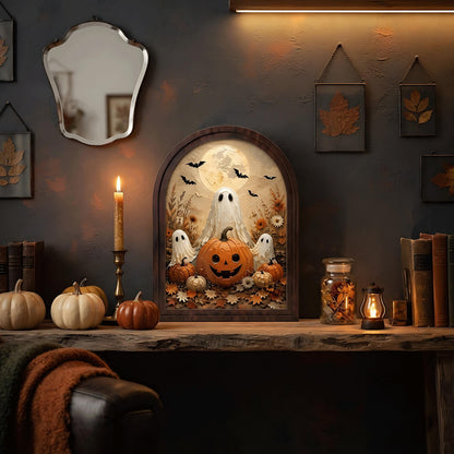Cute Ghost Halloween Wall Art, Arched Wooden Frame Canvas, Pumpkin Patch Painting, Cozy Fall Farmhouse Decor, Vintage Seasonal Artwork - Image 3