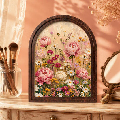 Wildflower Meadow Wall Art in Arched Wood Frame, Pink Peony & Daisy Canvas Print, Cottagecore Floral Decor, Vintage Botanical Wall Hanging - Image 1