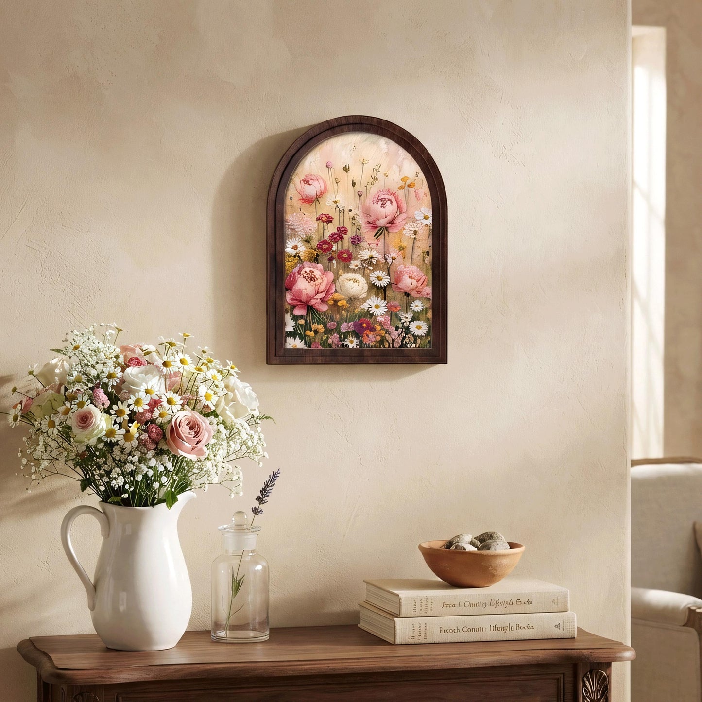 Wildflower Meadow Wall Art in Arched Wood Frame, Pink Peony & Daisy Canvas Print, Cottagecore Floral Decor, Vintage Botanical Wall Hanging - Image 5
