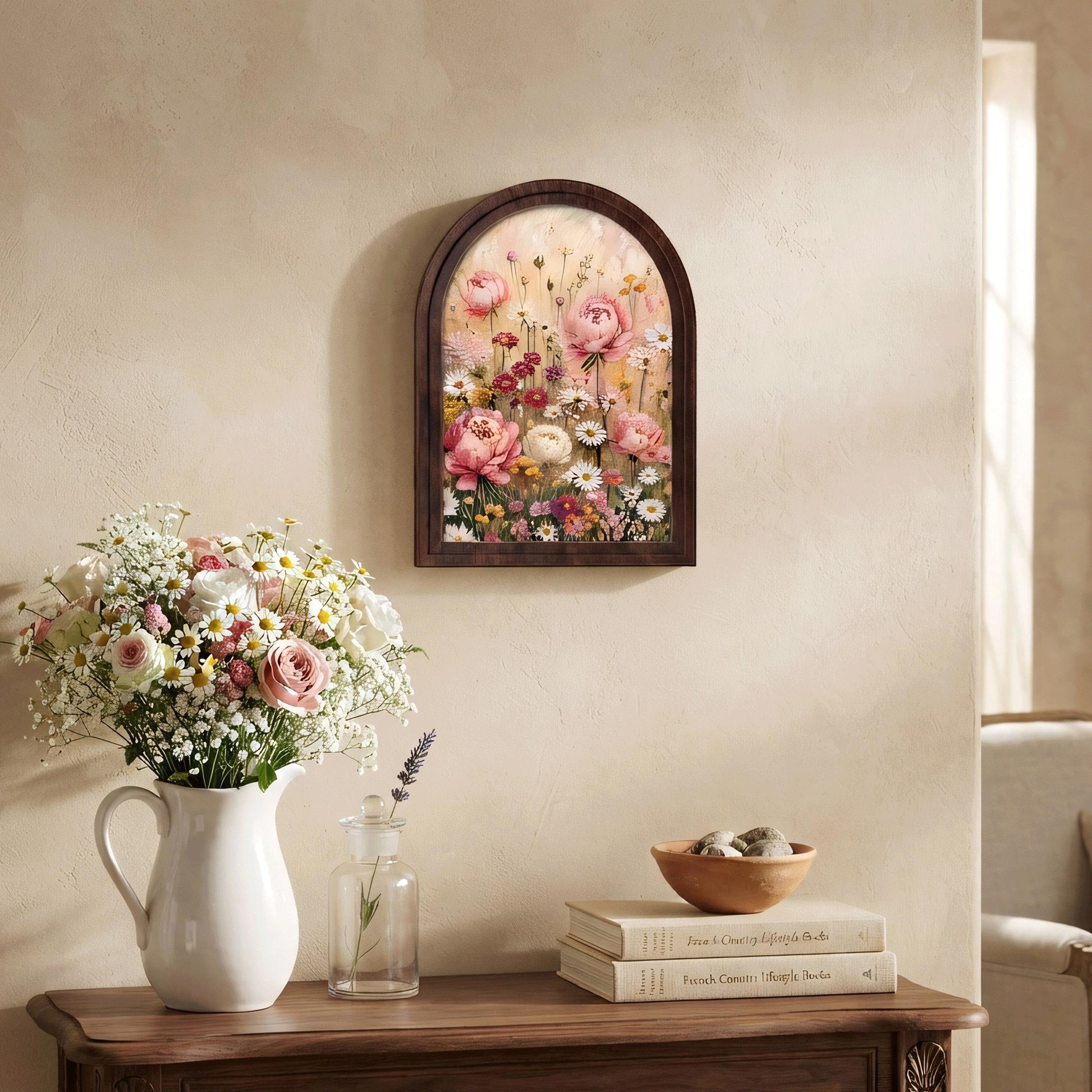 Wildflower Meadow Wall Art in Arched Wood Frame, Pink Peony & Daisy Canvas Print, Cottagecore Floral Decor, Vintage Botanical Wall Hanging - Image 5