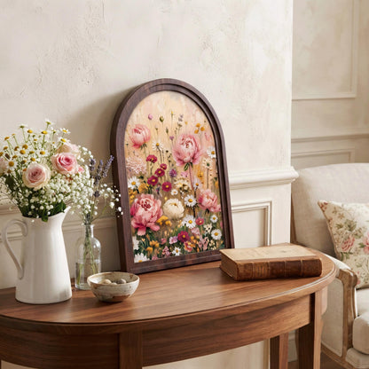 Wildflower Meadow Wall Art in Arched Wood Frame, Pink Peony & Daisy Canvas Print, Cottagecore Floral Decor, Vintage Botanical Wall Hanging - Image 6