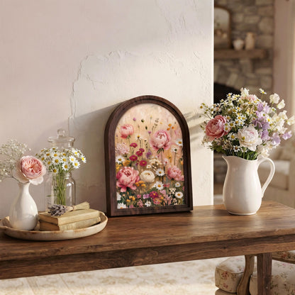 Wildflower Meadow Wall Art in Arched Wood Frame, Pink Peony & Daisy Canvas Print, Cottagecore Floral Decor, Vintage Botanical Wall Hanging - Image 4