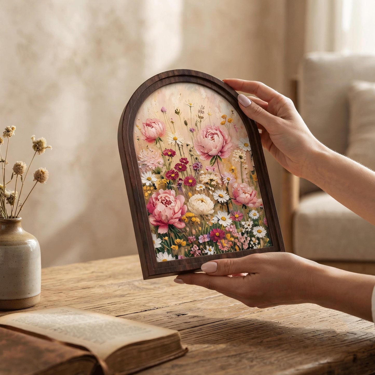 Wildflower Meadow Wall Art in Arched Wood Frame, Pink Peony & Daisy Canvas Print, Cottagecore Floral Decor, Vintage Botanical Wall Hanging - Image 3