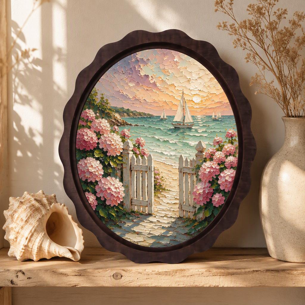 Coastal Cottage Wall Art, Wavy Oval Wood Frame, Hydrangea Beach Path Canvas, Nautical Floral Decor, Nature Lover Gift - Image 1