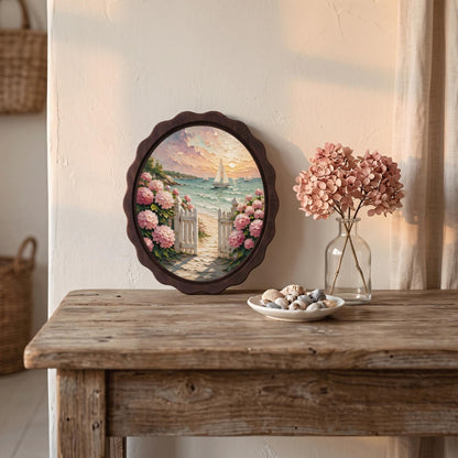 Coastal Cottage Wall Art, Wavy Oval Wood Frame, Hydrangea Beach Path Canvas, Nautical Floral Decor, Nature Lover Gift - Image 4
