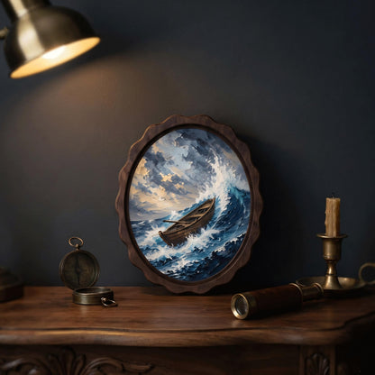 Stormy Ocean Boat Wall Art, Wavy Oval Wood Frame Canvas, Vintage Coastal Seascape Print, Nautical Home Decor, Dramatic Sea Wall Hanging - Image 3