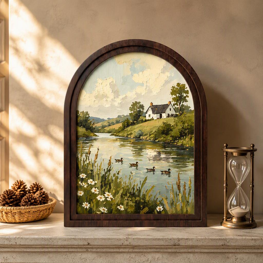 Peaceful Countryside Lake Wall Art in Arched Wood Frame, Vintage Cottage Landscape Print, Rustic Farmhouse Decor, Duck Lake Wall Hanging - Image 1