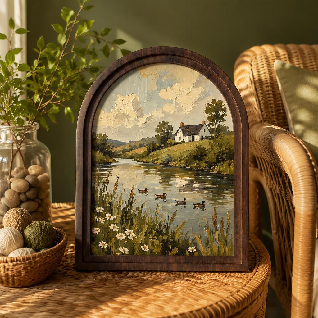 Peaceful Countryside Lake Wall Art in Arched Wood Frame, Vintage Cottage Landscape Print, Rustic Farmhouse Decor, Duck Lake Wall Hanging - Image 2